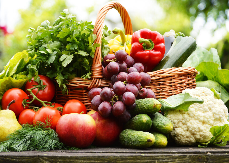 Fresh Organic Vegetables In Wicker Basket In The Garden Vegetables