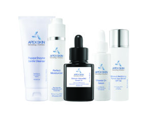 Apex Skin skincare products including cleanser, moisturizer, retinol, vitamin c.
